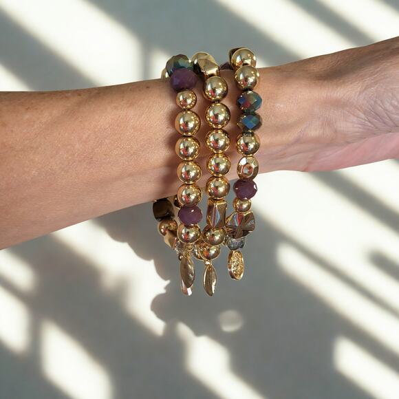 None Jewelry - Multi-Colored Gold Tone Beaded Bracelet Set of 3 – Boho Charm Stack